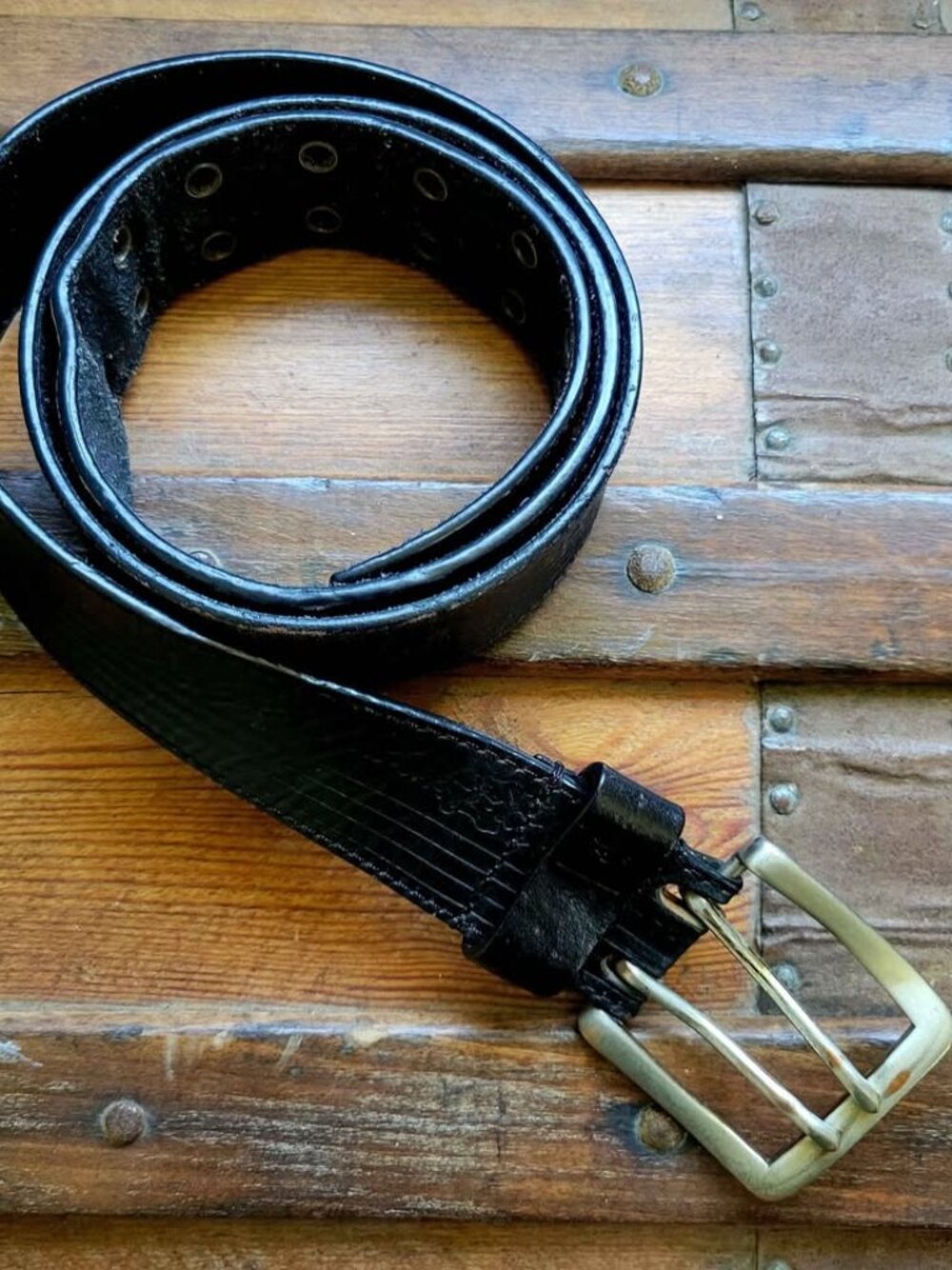 Vintage Black Textured Leather Belt featuring a double-prong buckle and two rows